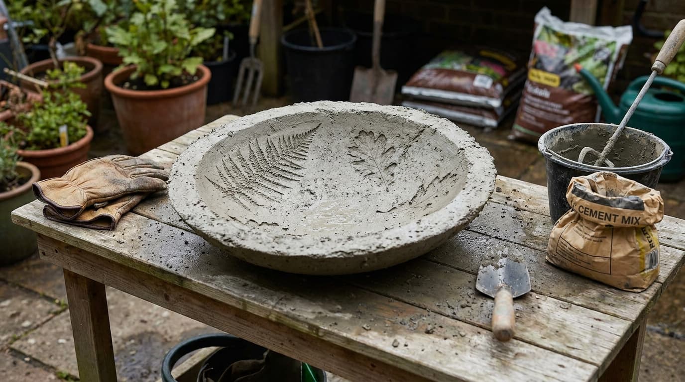 cement bird bath with leaf imprint curing on a garden table with diy tools nearby
