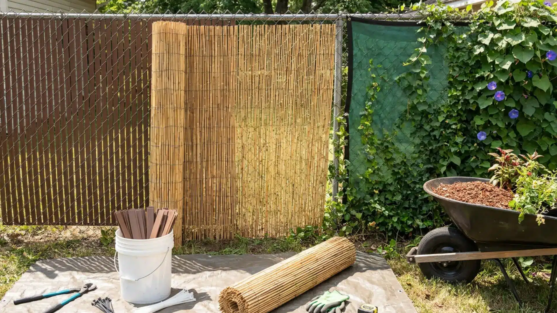 diy fence ideas chain link fence upgrade add privacy slats bamboo or fabric to improve cheap existing fencing
