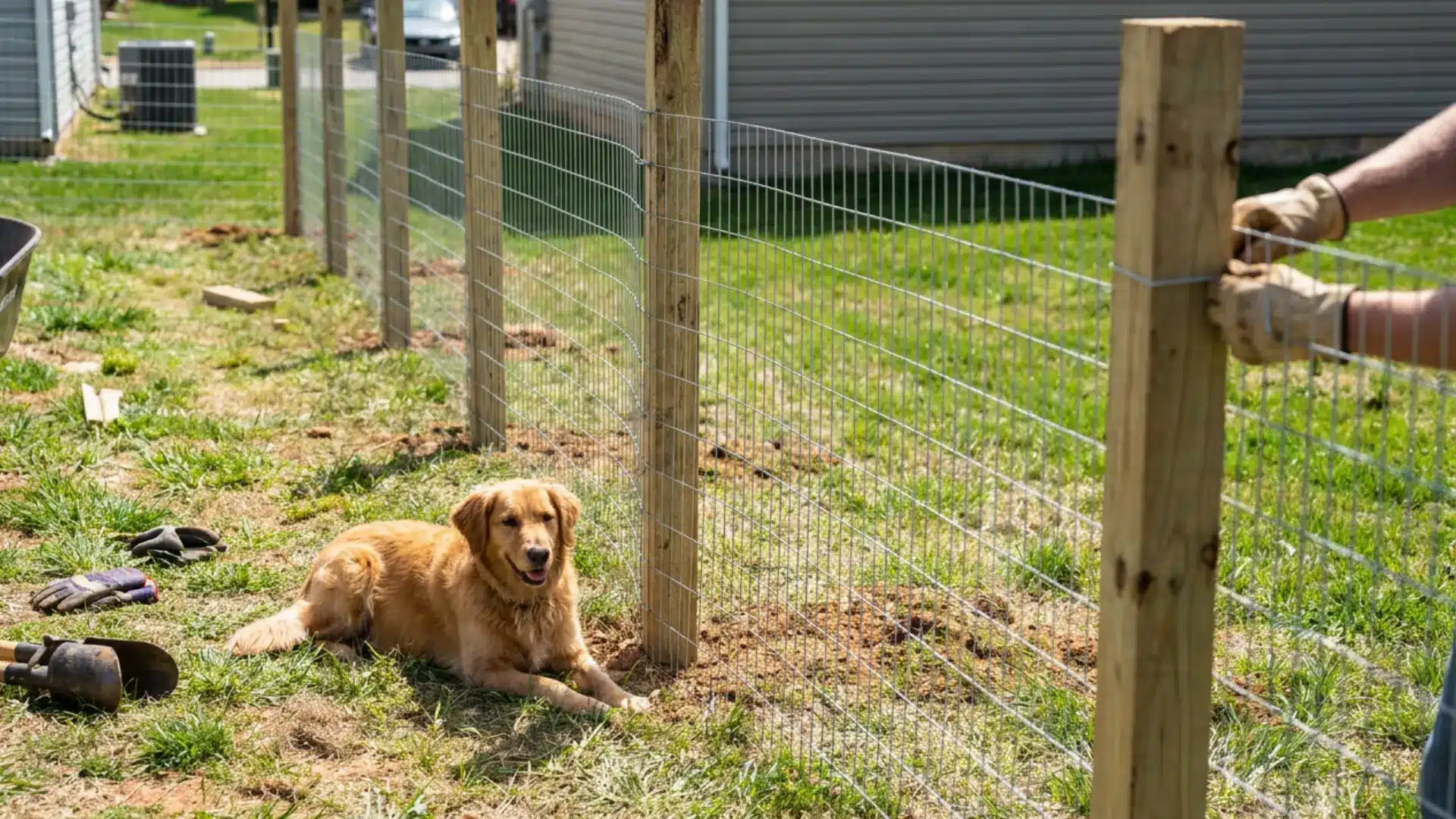 diy fence ideas welded wire dog fence cheap strong pet fencing using wire mesh and wood posts for yard containment