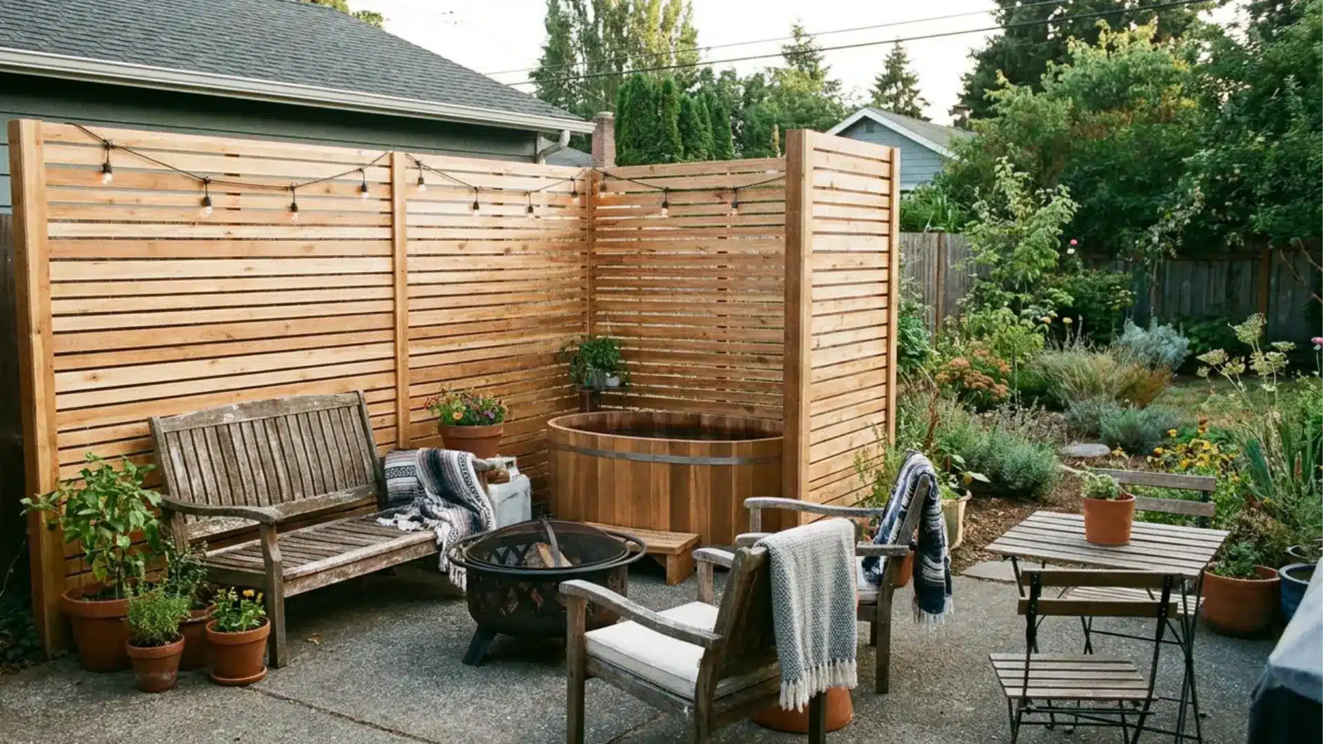 wood slat diy fence ideas for affordable patio privacy without fencing the whole yard