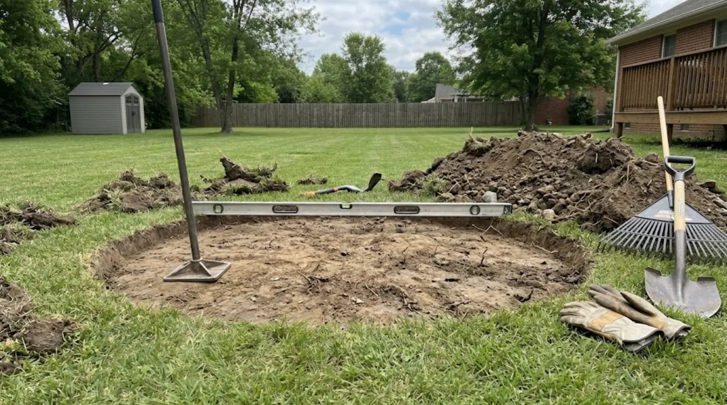 diy fire pit base dug and leveled in backyard with tamper, level, shovel, rake, gloves, and soil pile nearby