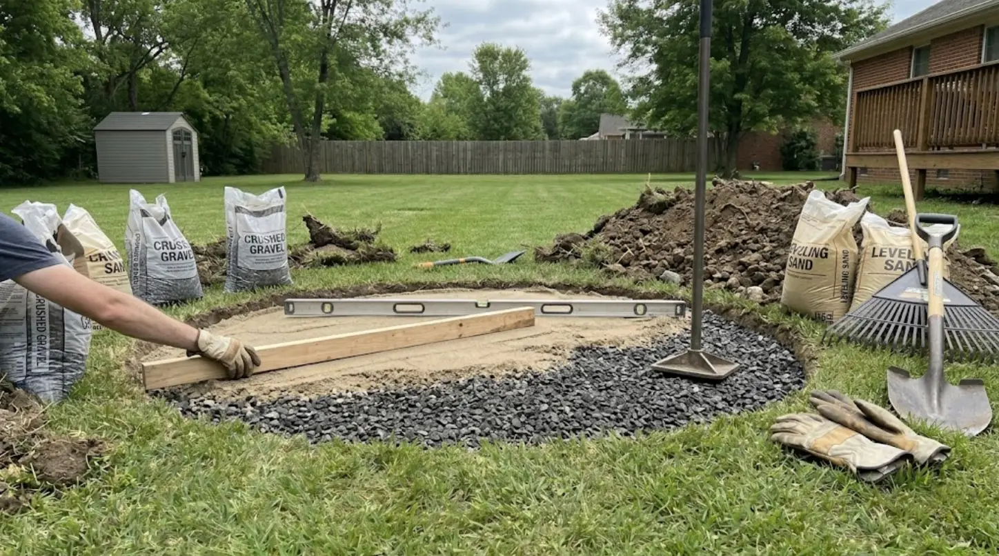 diy fire pit base with gravel, leveling sand, tamper, board, level, bags, shovel, rake, and gloves in backyard