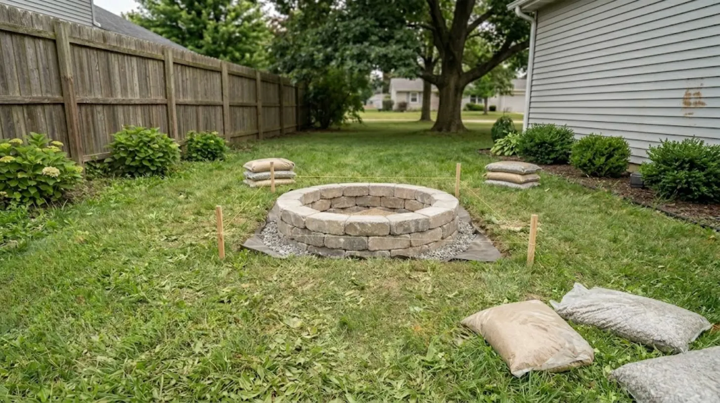 diy fire pit construction in backyard with stone blocks, gravel base, stakes, string lines, and landscaping supplies