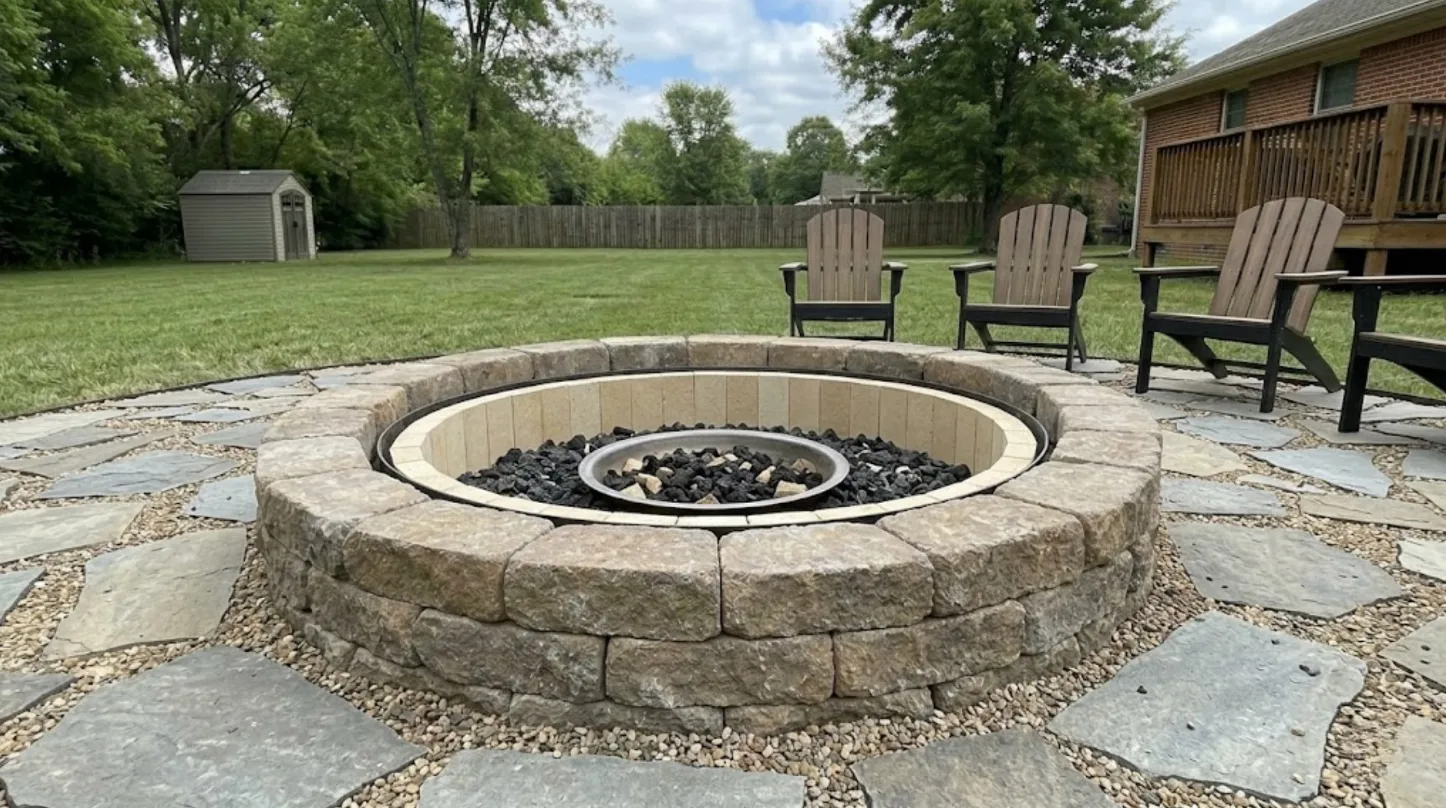 diy fire pit finished with stone blocks, metal ring, fire bricks, lava rock, flagstone patio, chairs, and gravel border