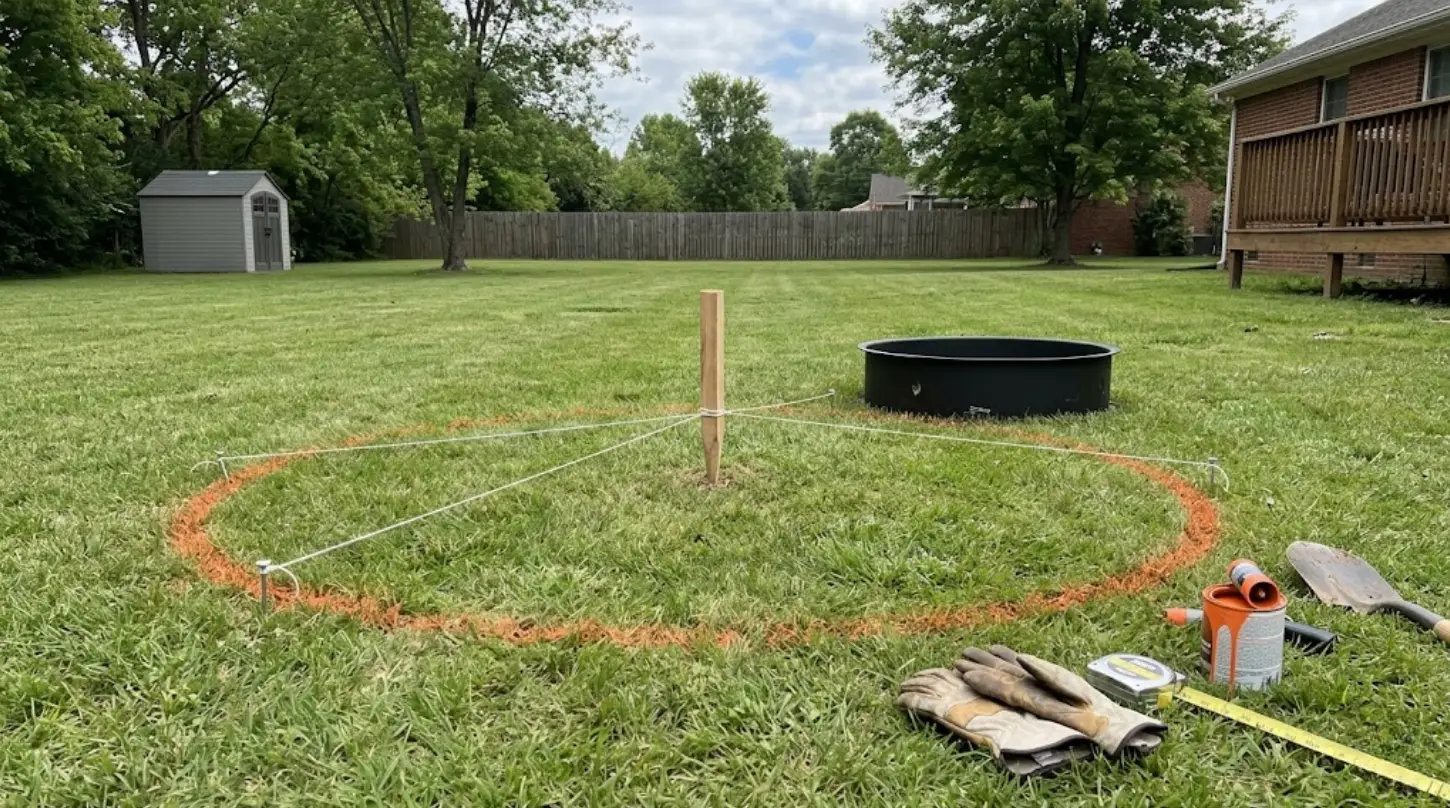 diy fire pit layout marked in grass with center stake, string circle, metal ring, gloves, tape, and tools nearby