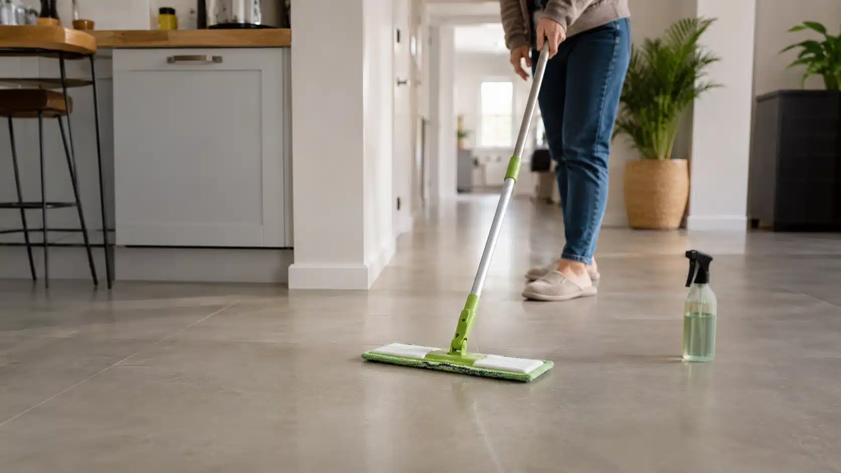 person mops a smooth sealed floor with a spray bottle nearby in bright natural light