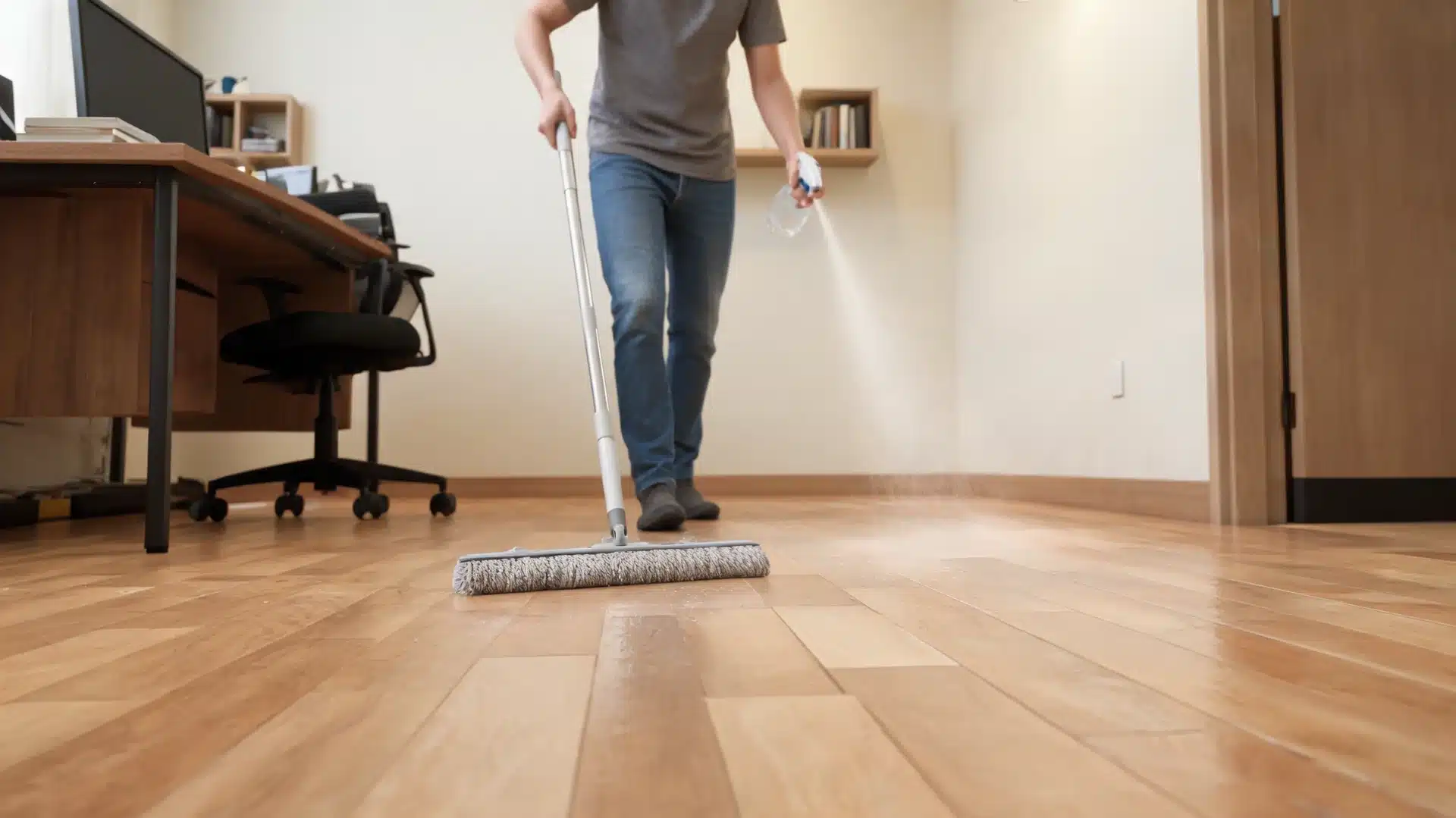 person lightly mops laminate flooring near a desk with a small spray bottle nearby