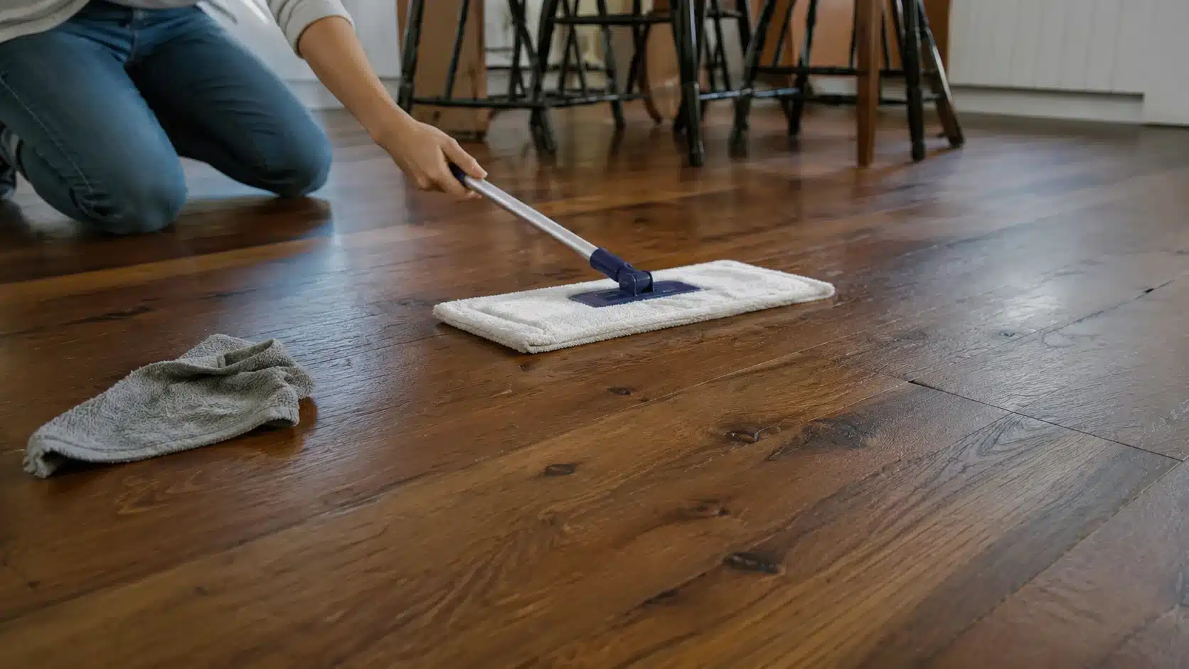 person cleans rich hardwood planks with visible knots and natural grain in dining room