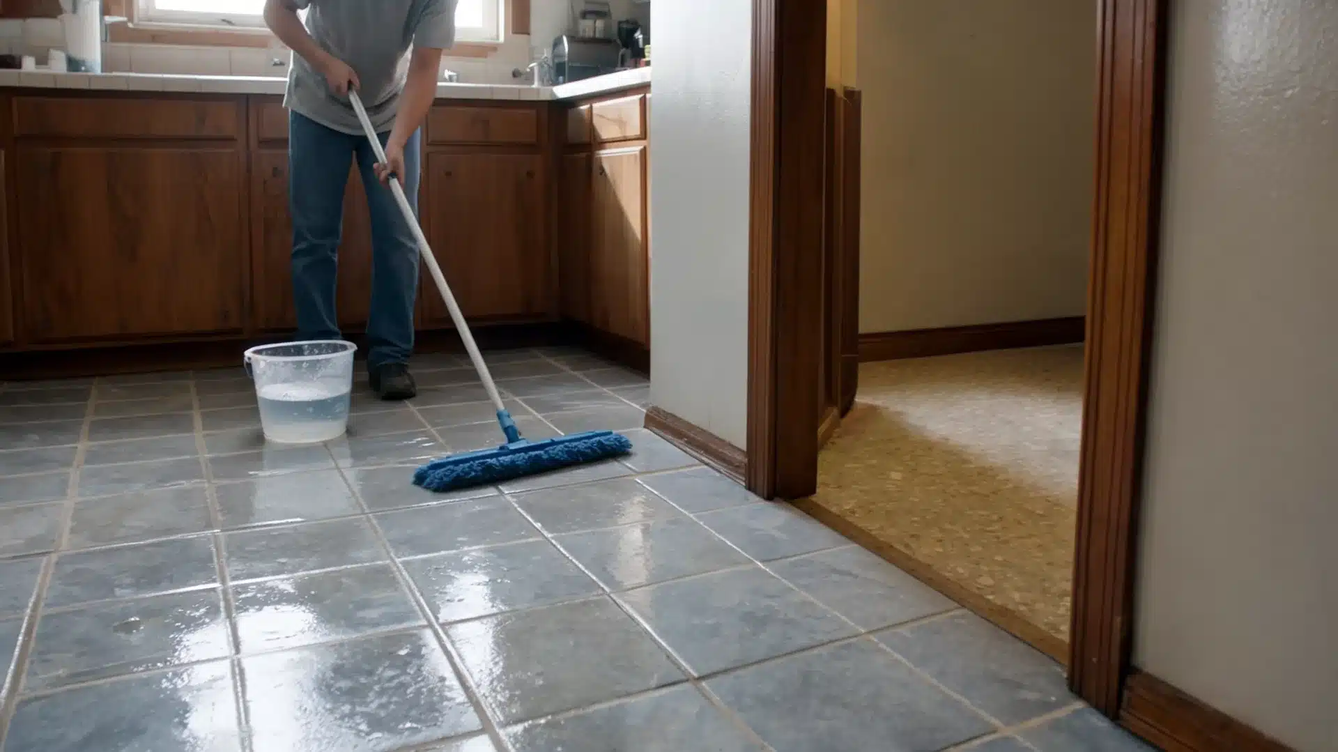 person mops kitchen tile while older linoleum flooring appears near the doorway in daylight