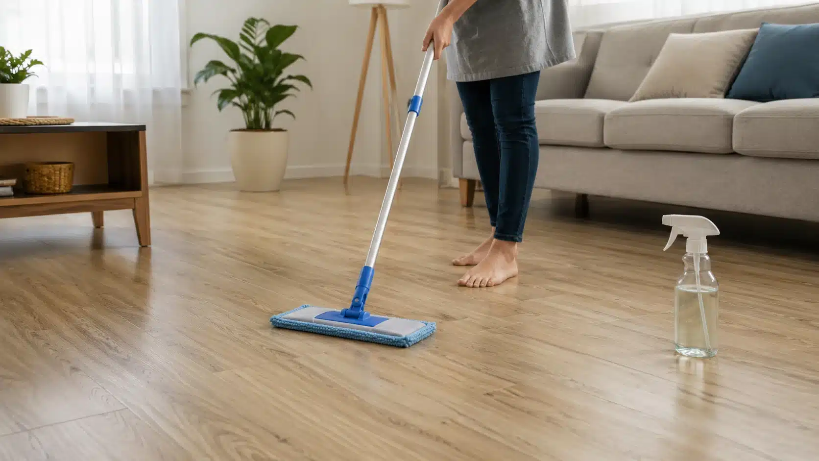 person mops light vinyl plank flooring in a clean living room with soft daylight