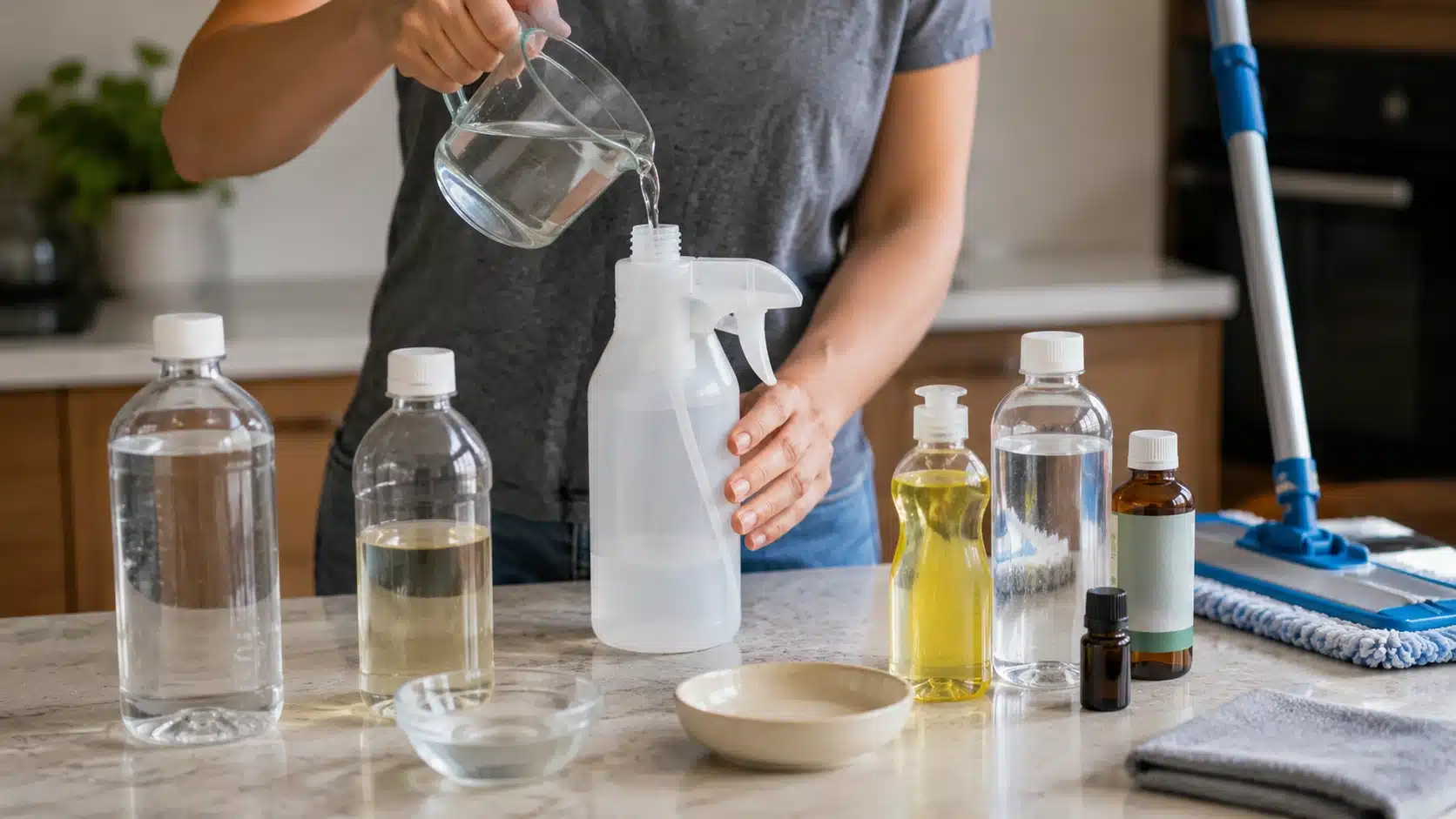 person prepares homemade cleaning mix with bottles, water, soap, and mop nearby in kitchen
