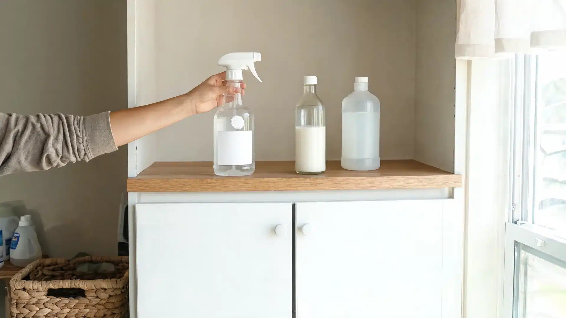 person places homemade cleaner bottle on laundry shelf with vinegar and alcohol nearby