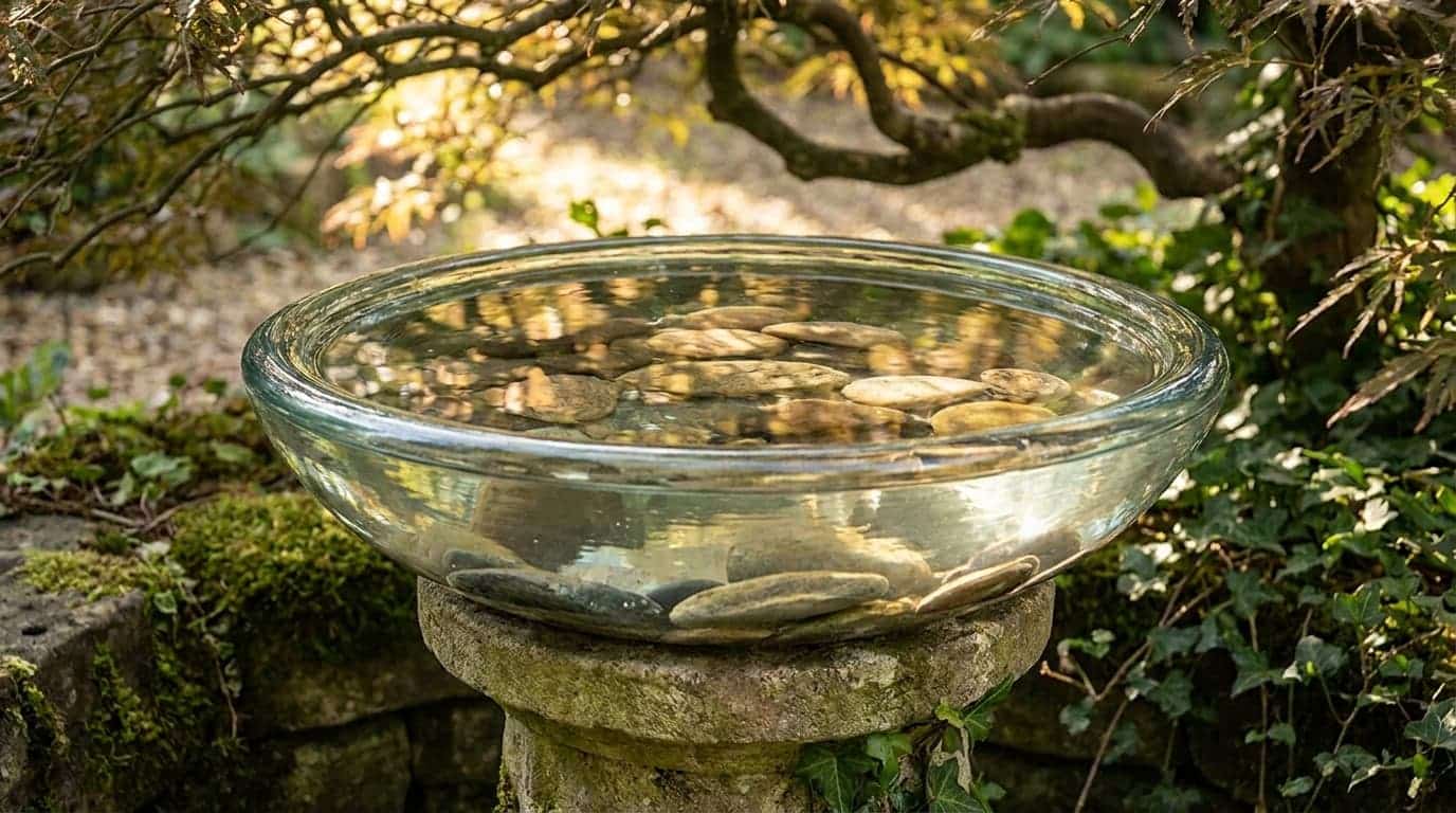 glass bowl bird bath on a sturdy base with stones inside clear shallow water