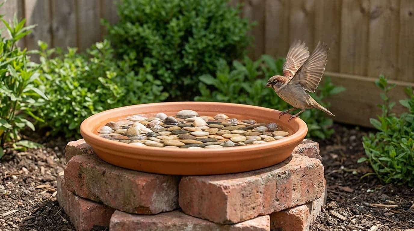 plant a saucer bird bath on bricks with pebbles and shallow water in a small garden