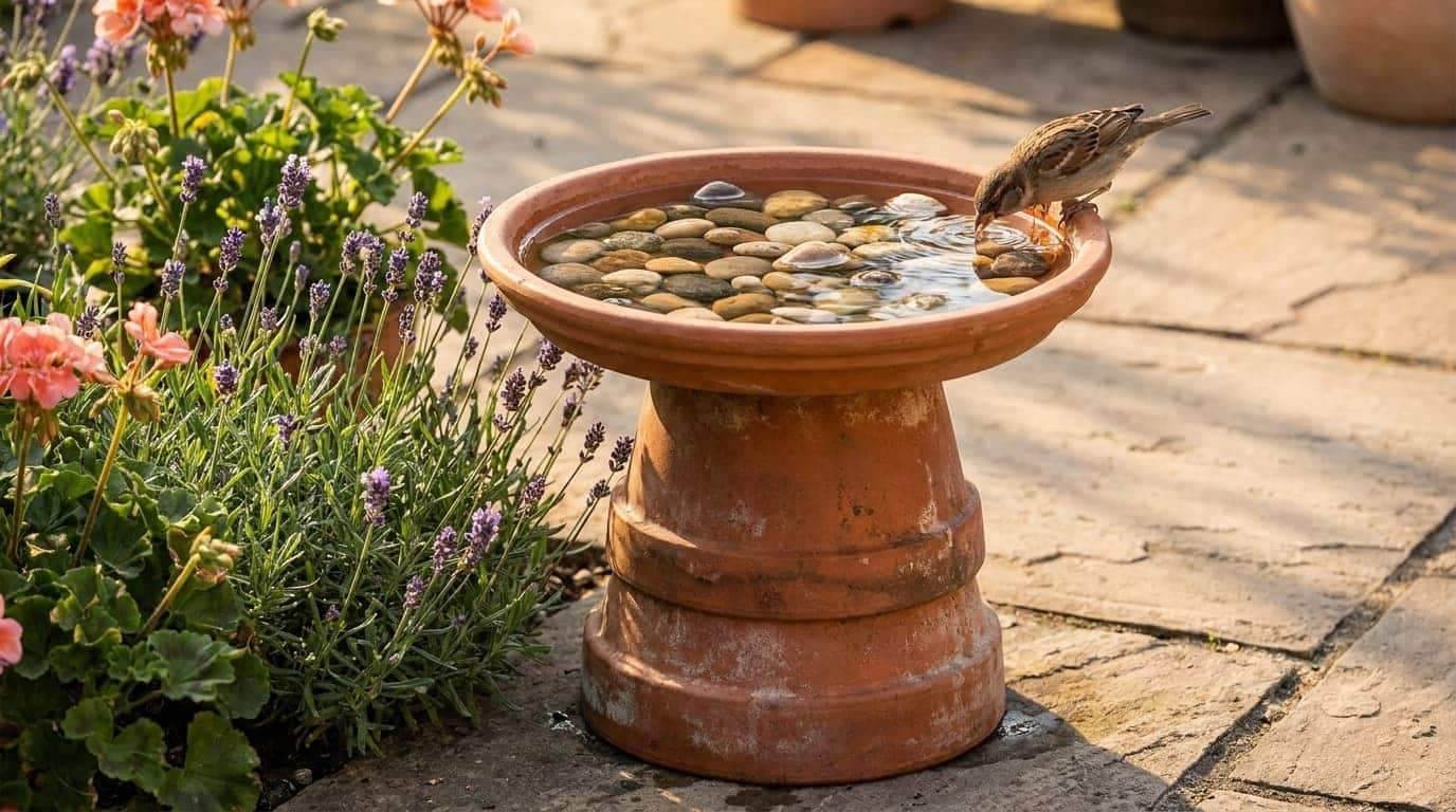 terracotta pot bird bath with pebbles and shallow water beside garden flowers