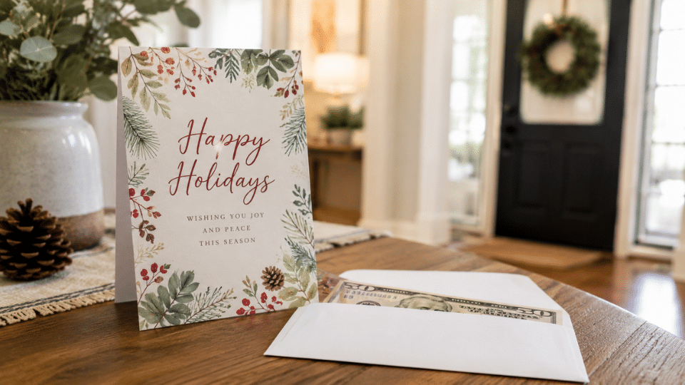 do you tip house cleaners during the holidays with a happy card and a 50 dollar tip envelope shown