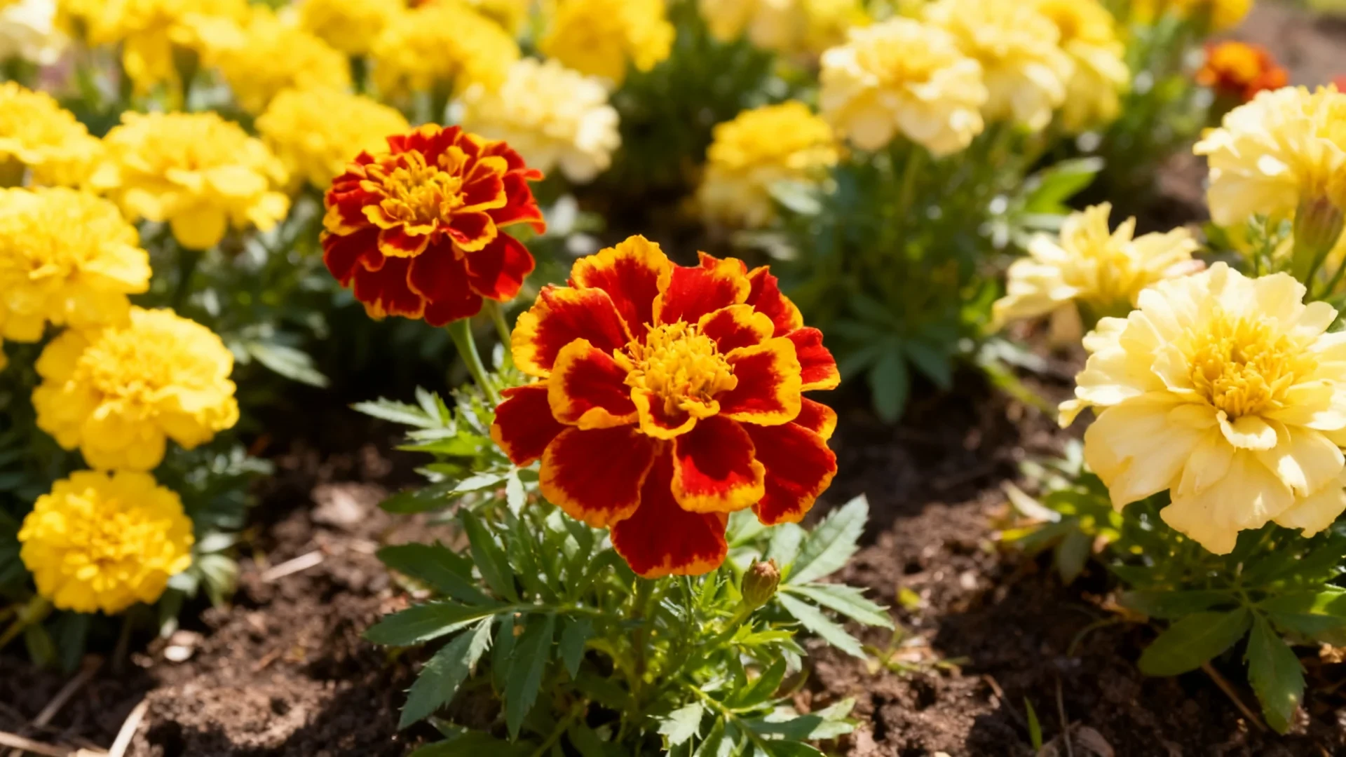 durango bee french marigolds with red and yellow patterned petals in a wooden planter