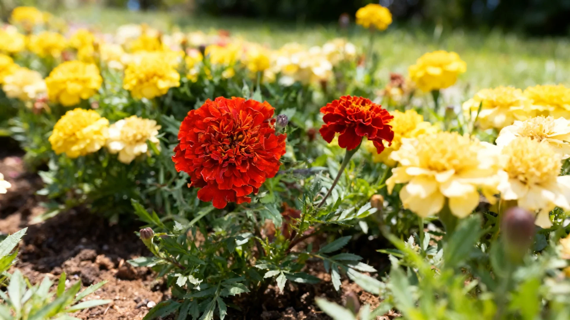 durango red french marigolds adding deep color among yellow and cream flowers in a sunny bed