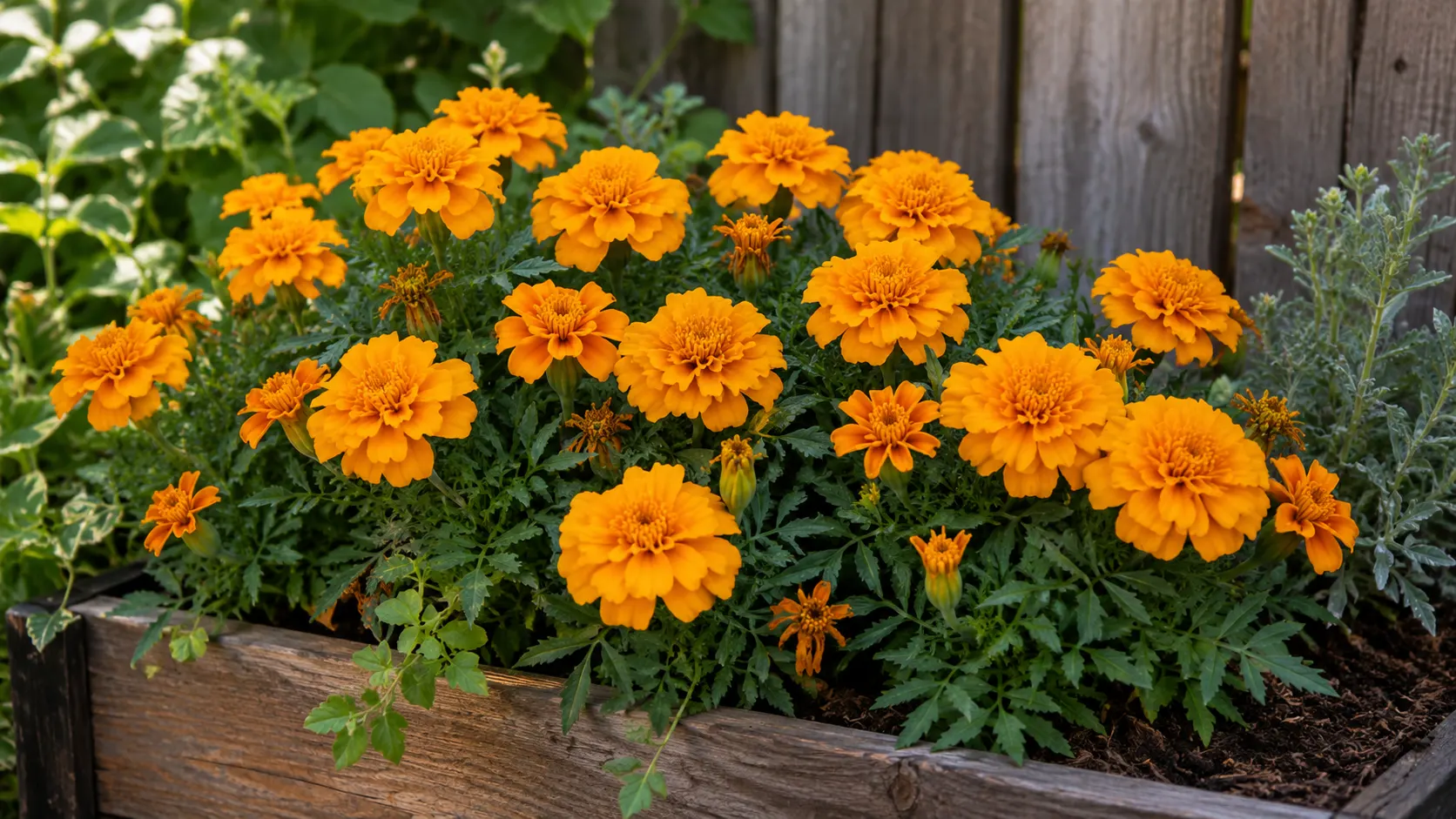durango tangerine french marigolds growing in pots beside a sunny vegetable garden bed