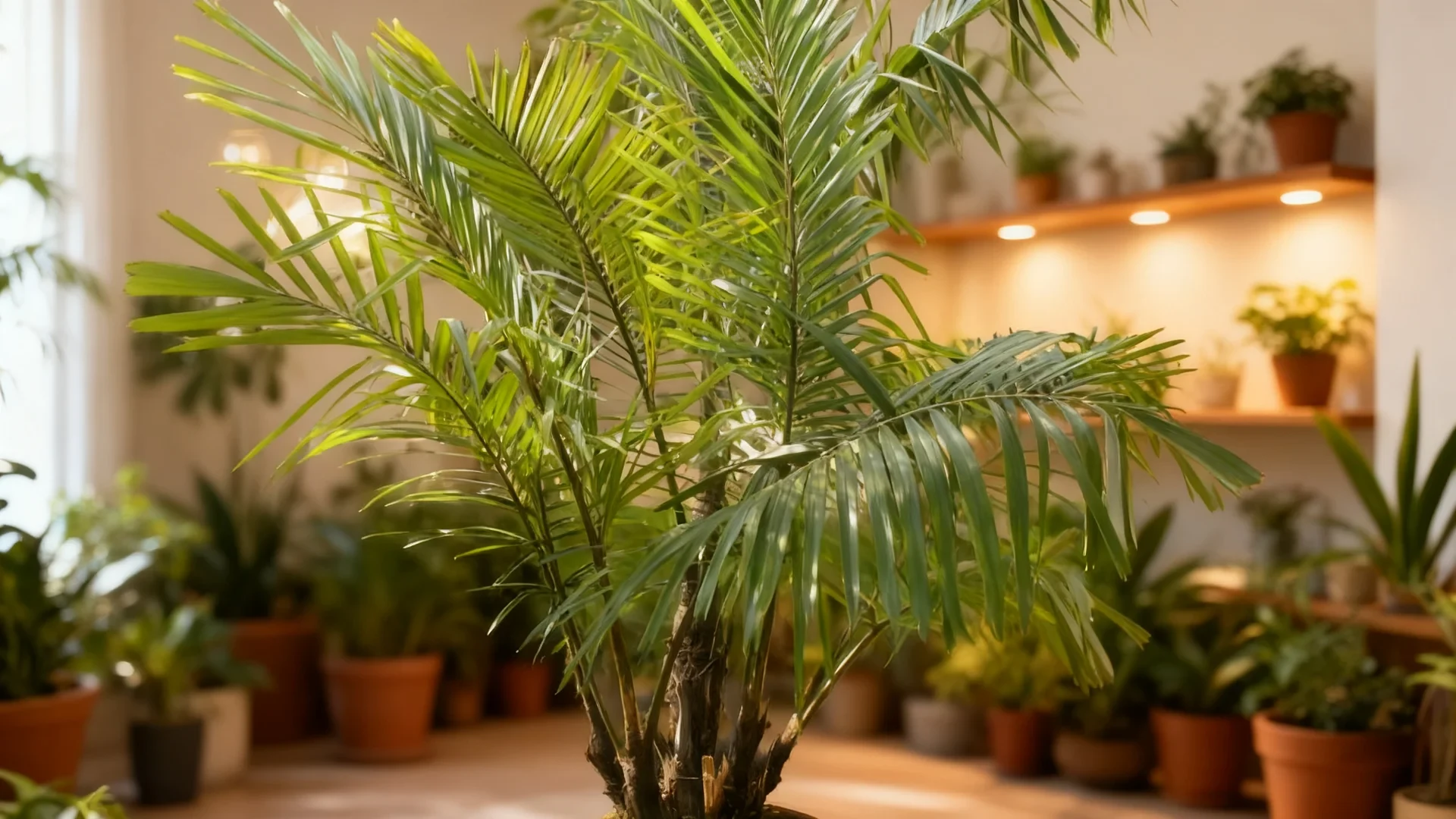 dwarf sugar palm tree with compact green fronds in a plant setting