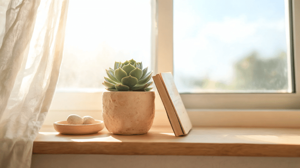 echeveria on a sunny bedroom shelf with textured pot, linen curtain, book, and terracotta tones