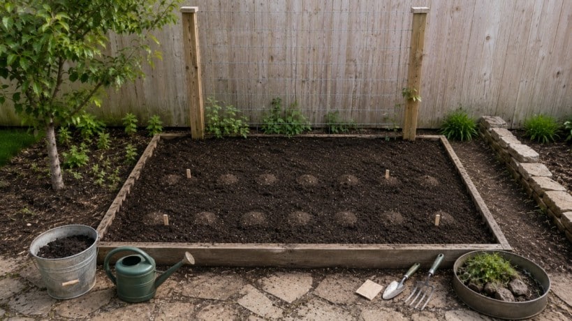 how to plant cucumbers with properly spaced seed spots in rows beside a trellis in a raised garden bed