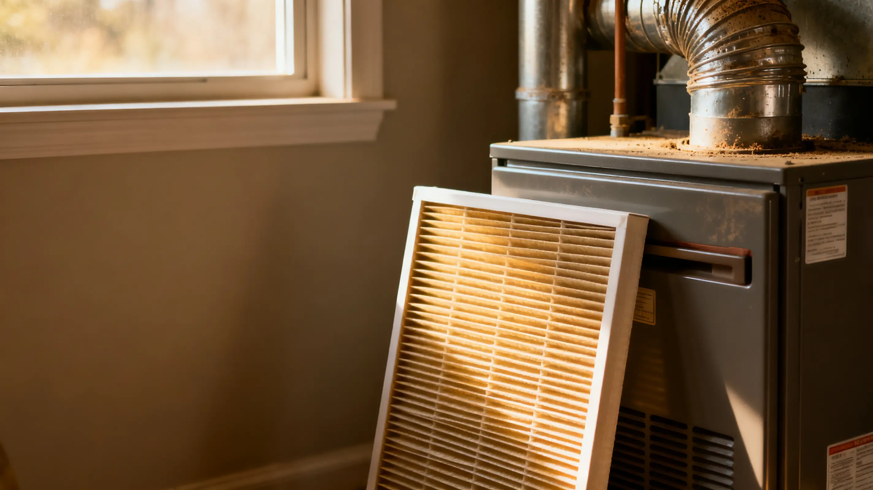 Furnace with a removed air filter in warm daylight next to a window