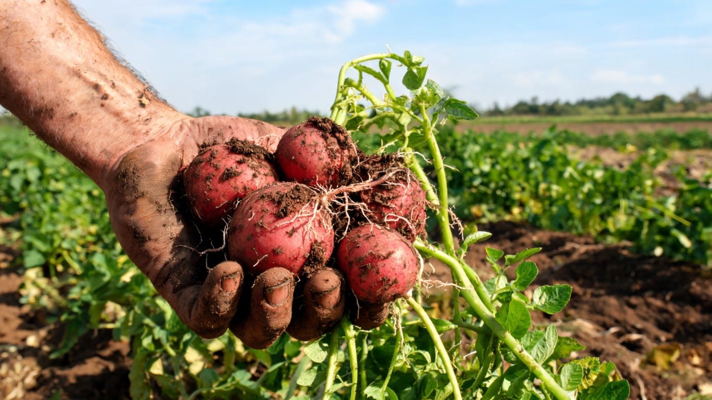 farmer holding freshly harvested red potatoes in field