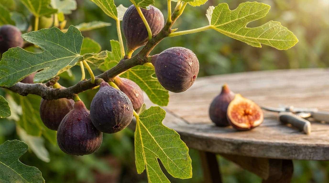 close up of lsu purple figs with deep purple skin and red amber flesh on a leafy branch