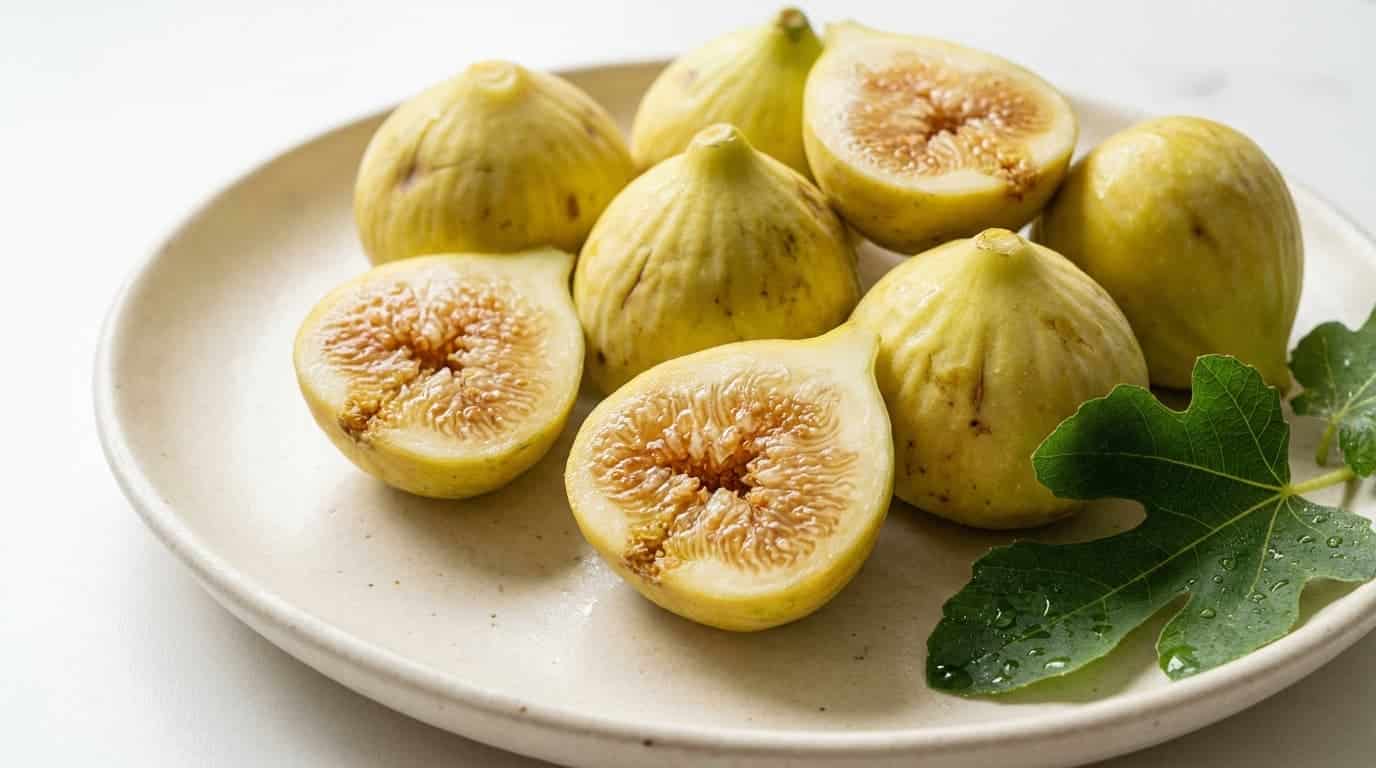 close up of marseilles white figs with pale green skin and honey colored flesh on a plate