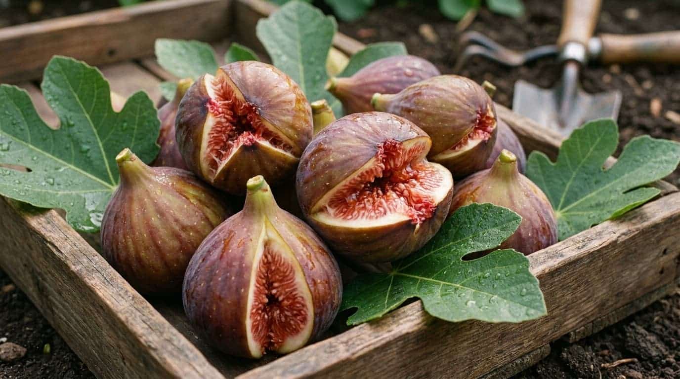 close up of brunswick figs with large bronze purple fruit and pink red flesh on a tray
