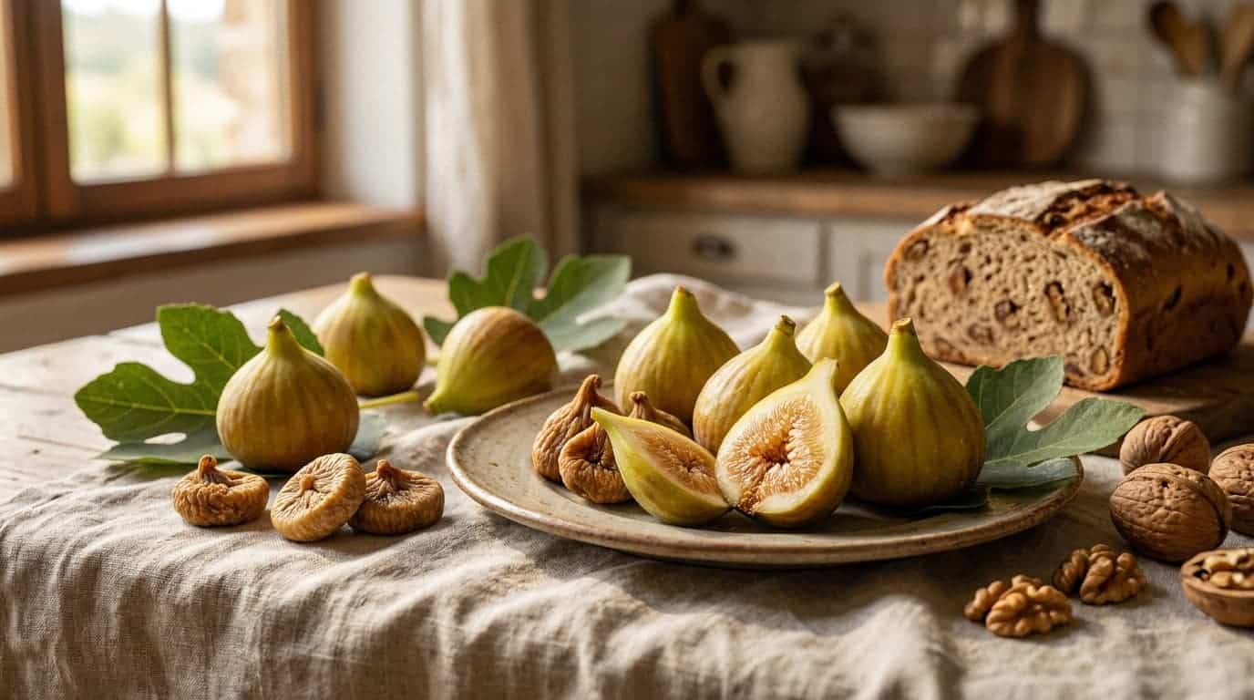 golden calimyrna figs with pale flesh beside dried figs nuts and soft linen cloth