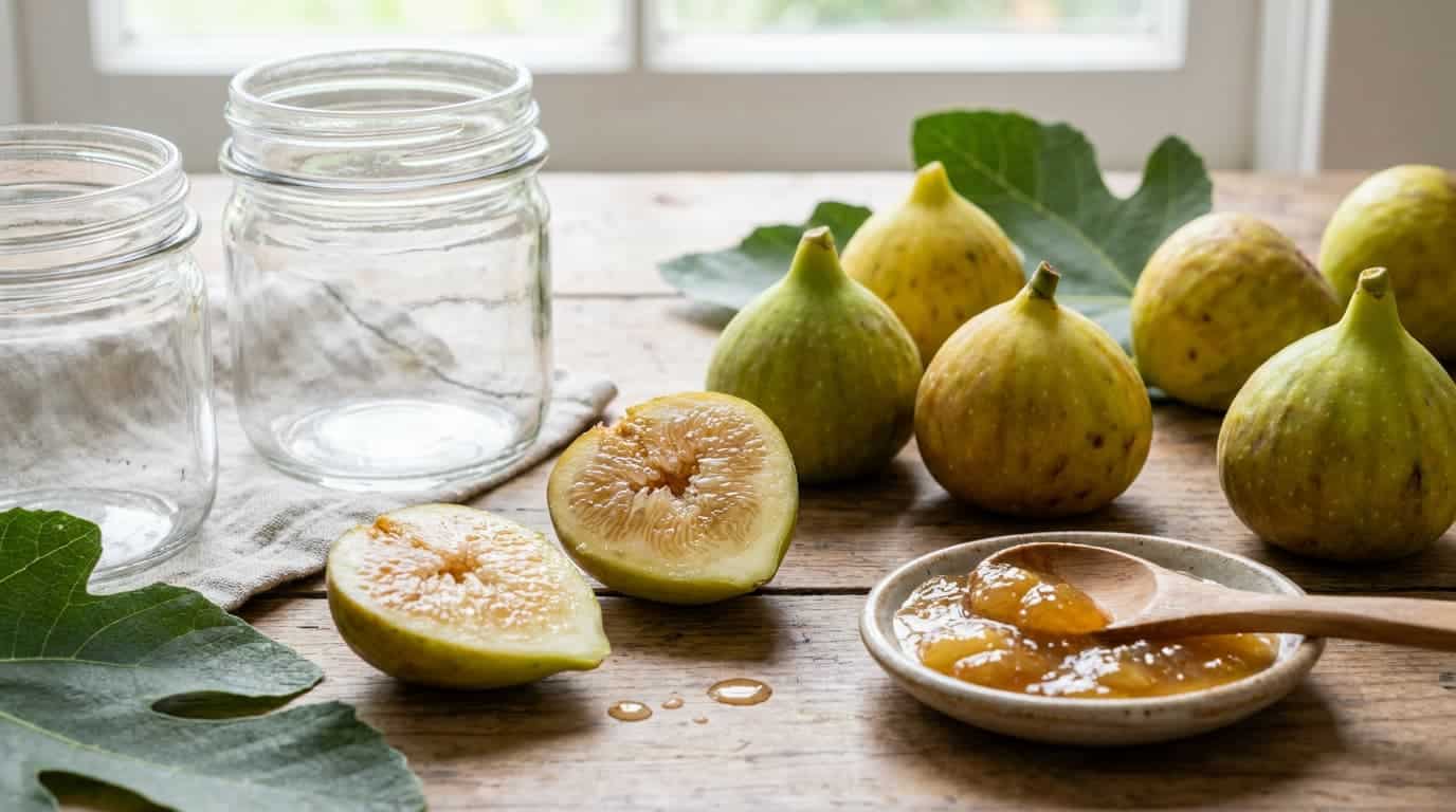 green yellow kadota figs with amber flesh beside jars for jam and preserving at home