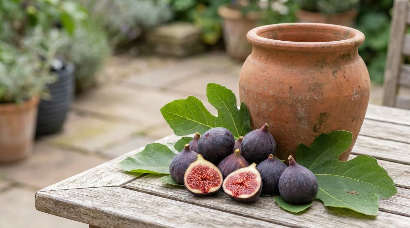 close up of violette de bordeaux figs with dark purple skin and rich red flesh in a pot