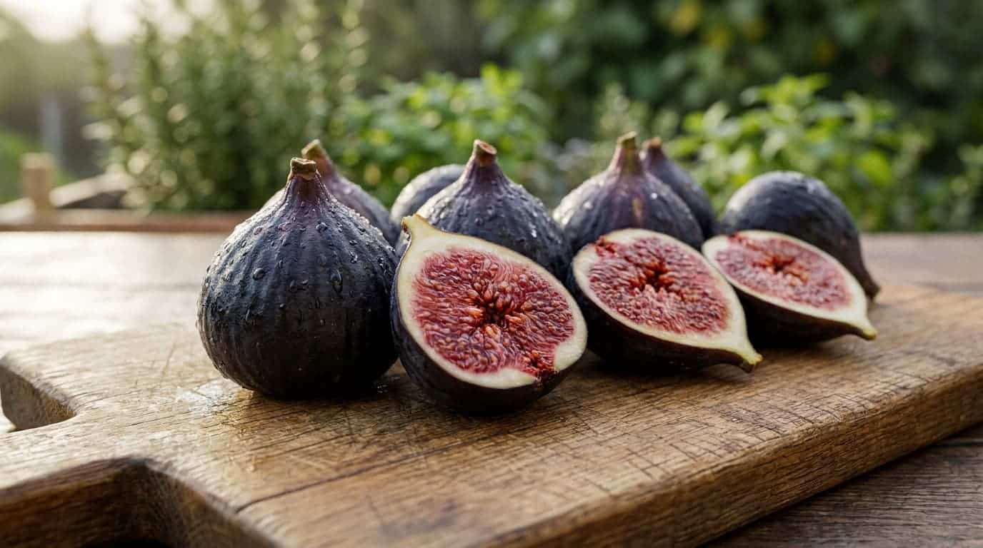ripe black mission figs with dark skin and red flesh on a rustic cutting board in soft light