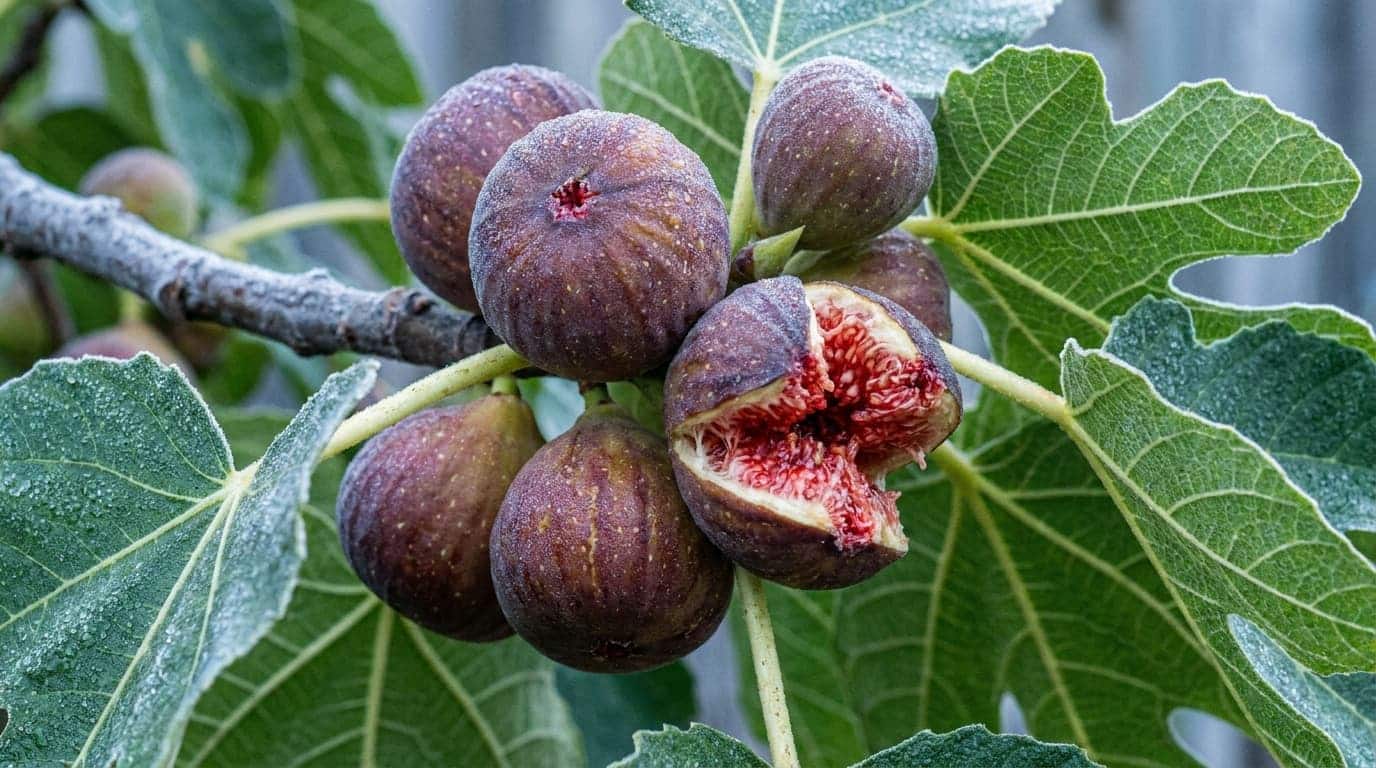close up of chicago hardy figs with purple brown skin and red flesh in cool garden light