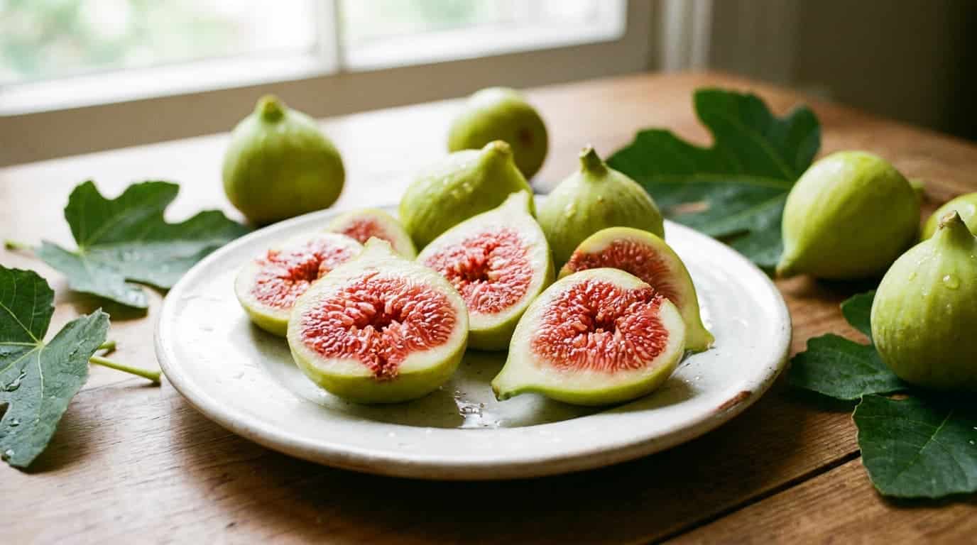 green adriatic figs sliced open to show bright red flesh on a white ceramic plate