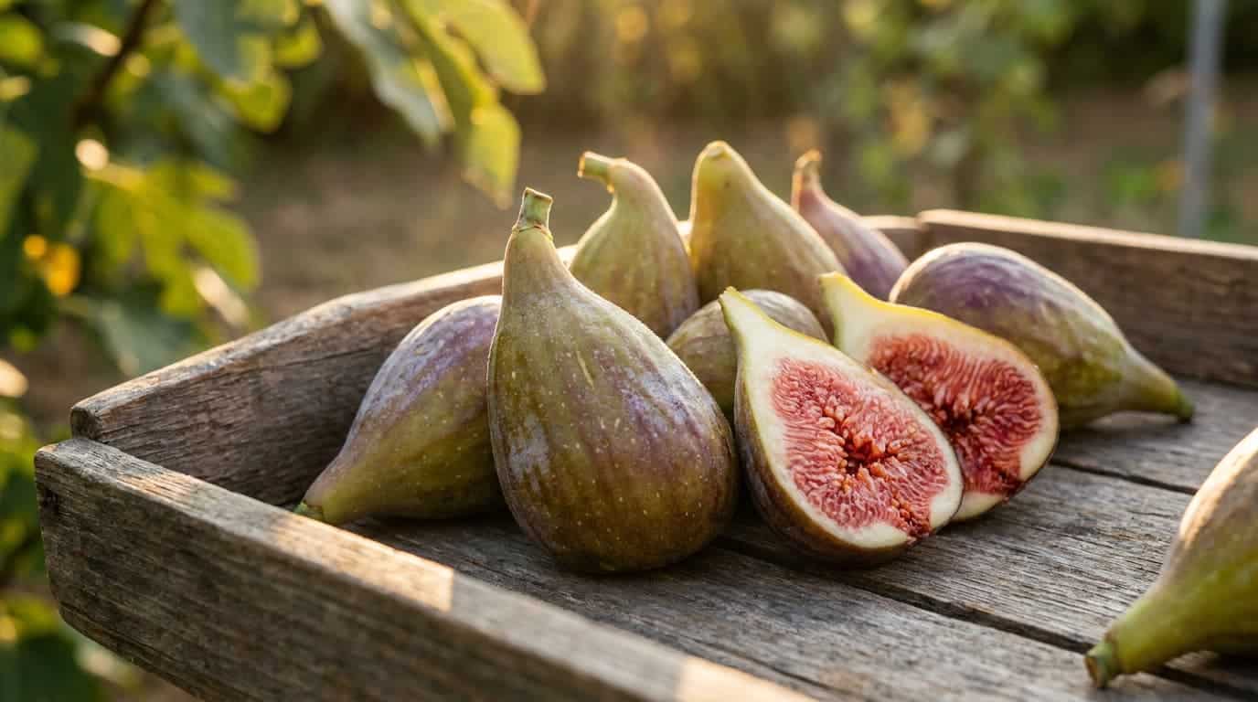 close up of longue daout figs with long fruit green brown skin and red flesh on a tray