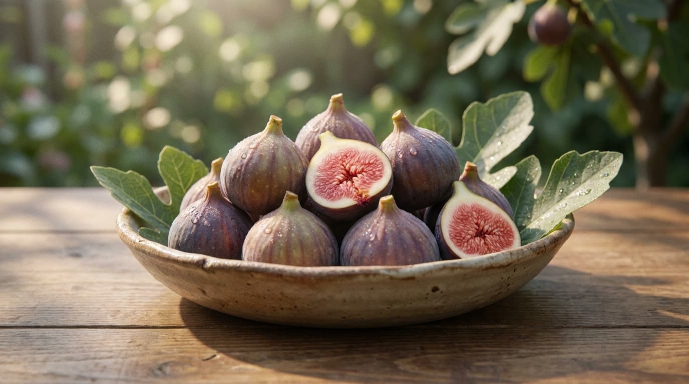 small celeste figs with bronze skin and pink flesh placed in a shallow ceramic bowl