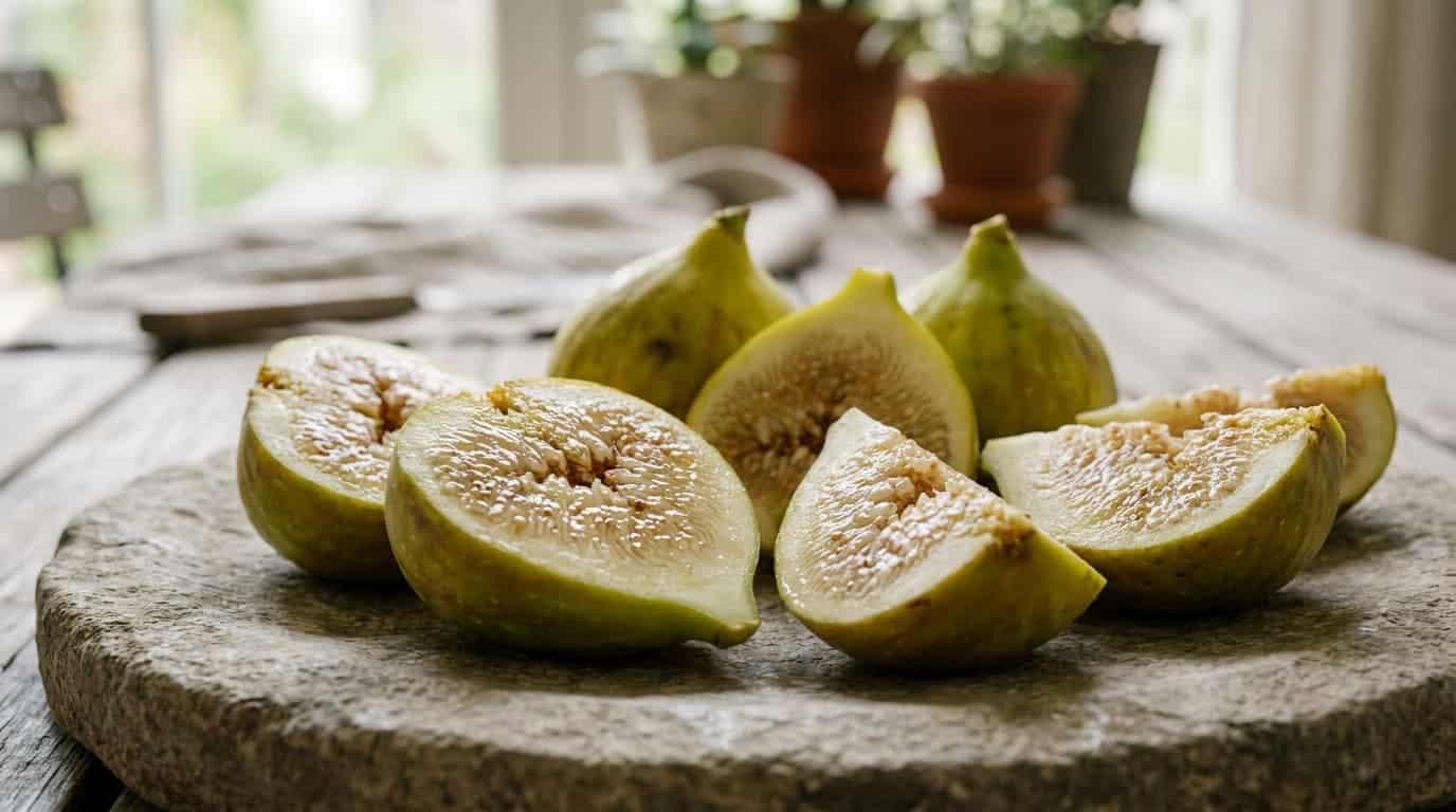 close up of col de dame blanc figs with green yellow skin and dense pale flesh on stone