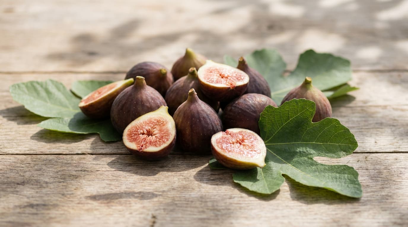 brown turkey figs on a garden table with soft pink flesh and fresh green leaves nearby