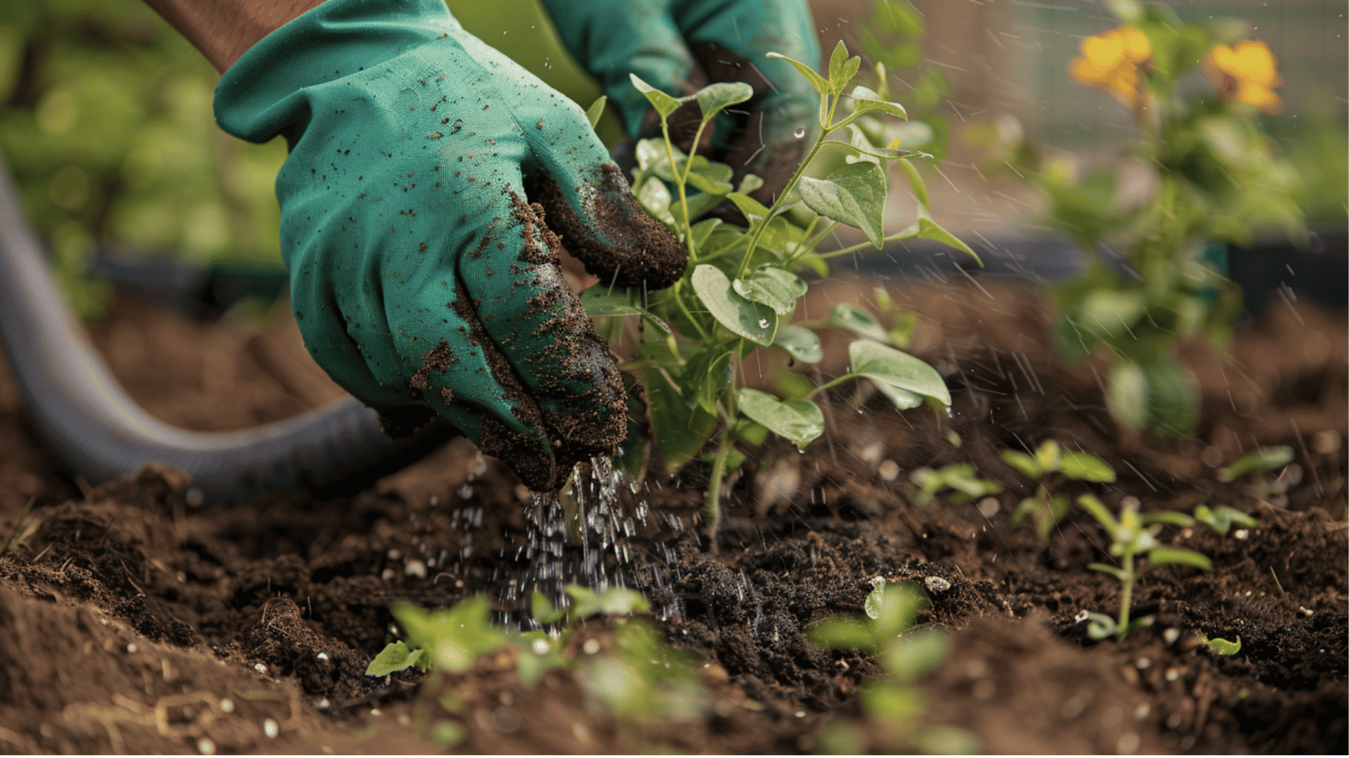 filling and watering the plant with gloves on