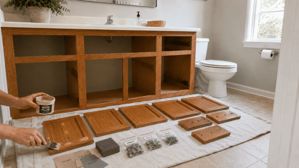 filling damage and sanding detached bathroom cabinet doors