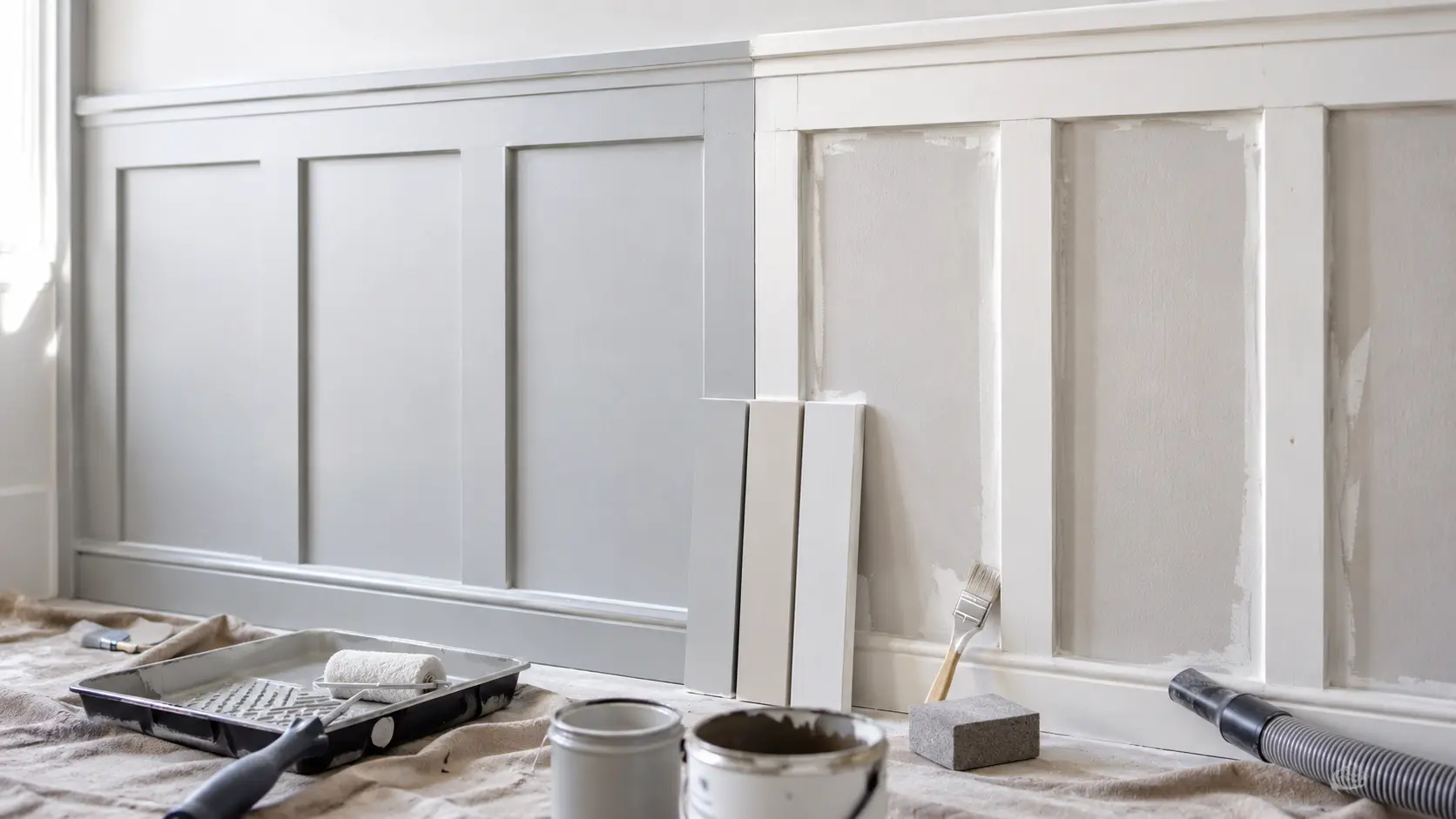 finishing work on a diy board and batten wall with sanding caulk primer and paint tools
