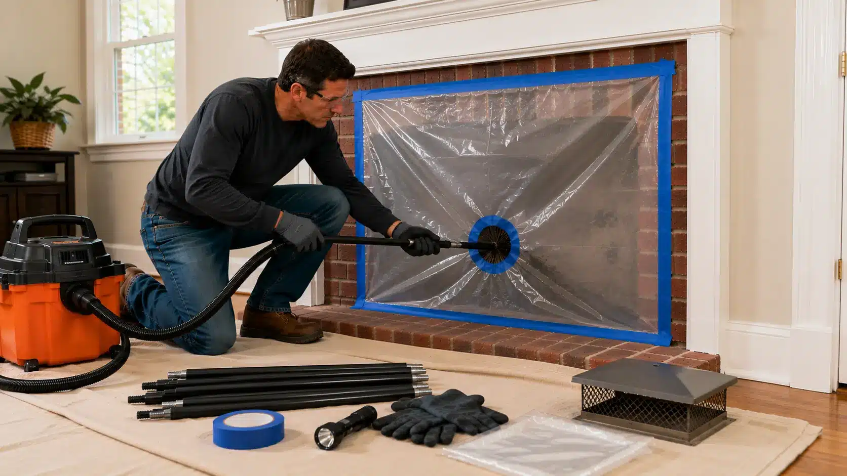 fireplace cleaning in progress