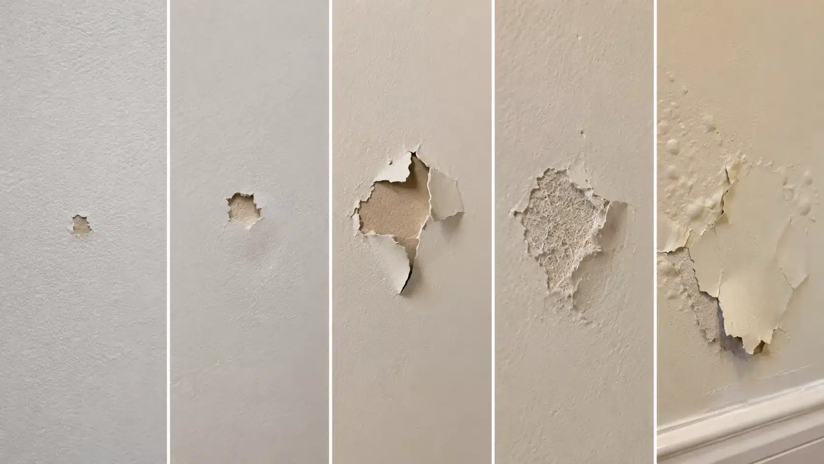 five wall paint damage types showing small chip, dent, loose paint, torn drywall, and peeling area