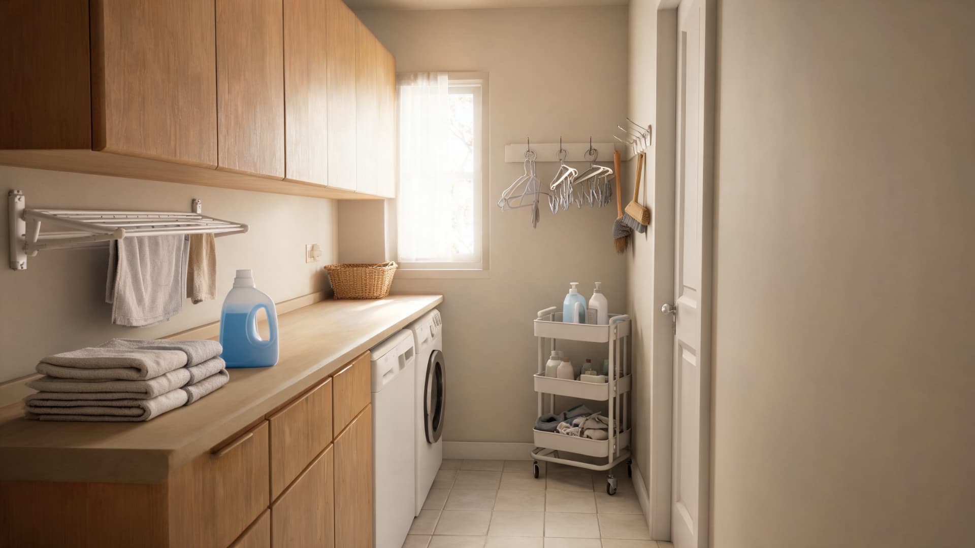 Galley laundry room with wood cabinets, long folding counter, drying rack, hooks, and rolling cart.