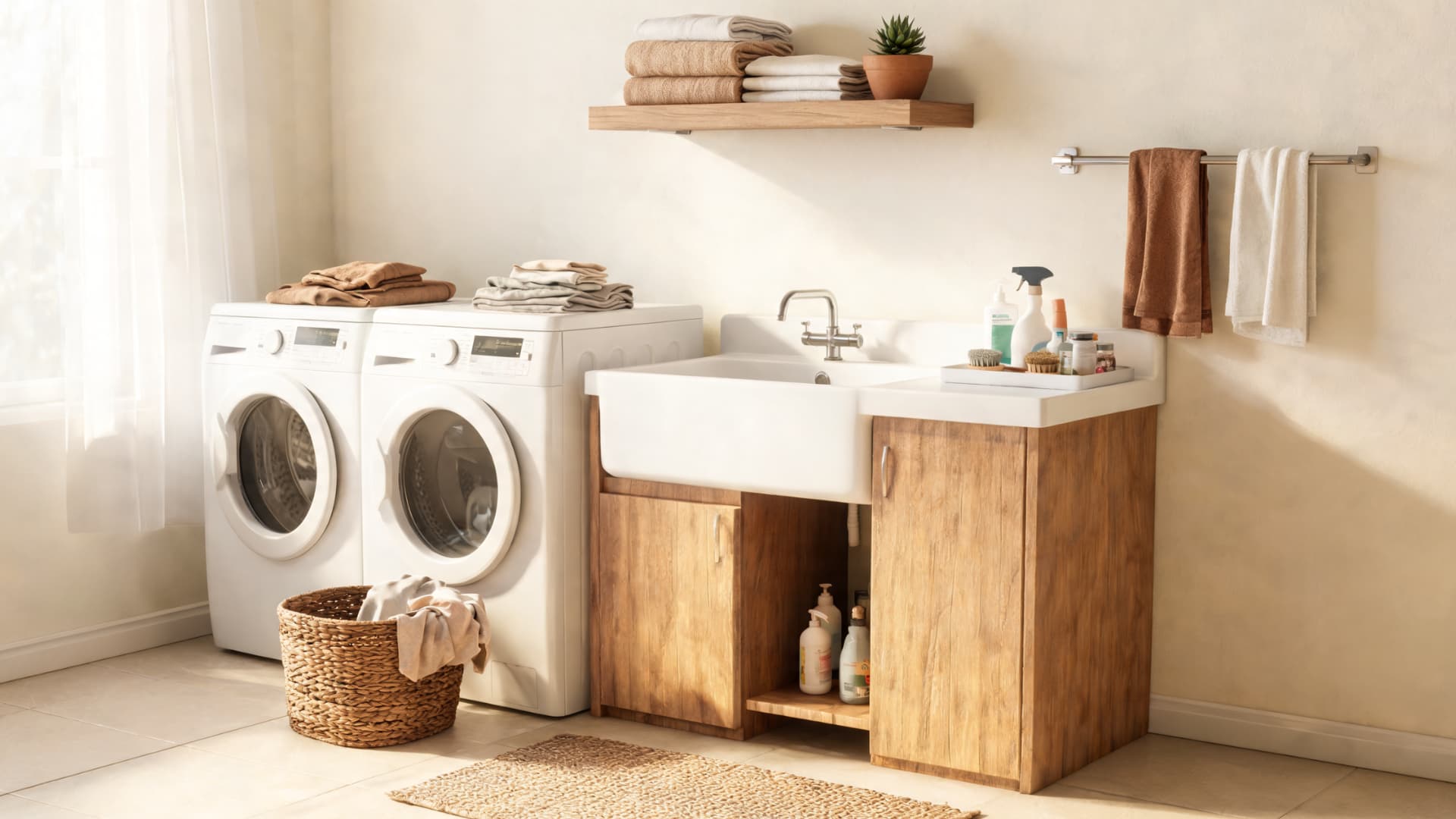 Laundry room with sink, washer, dryer, wood cabinets, folded towels, basket, and soft sunlight.