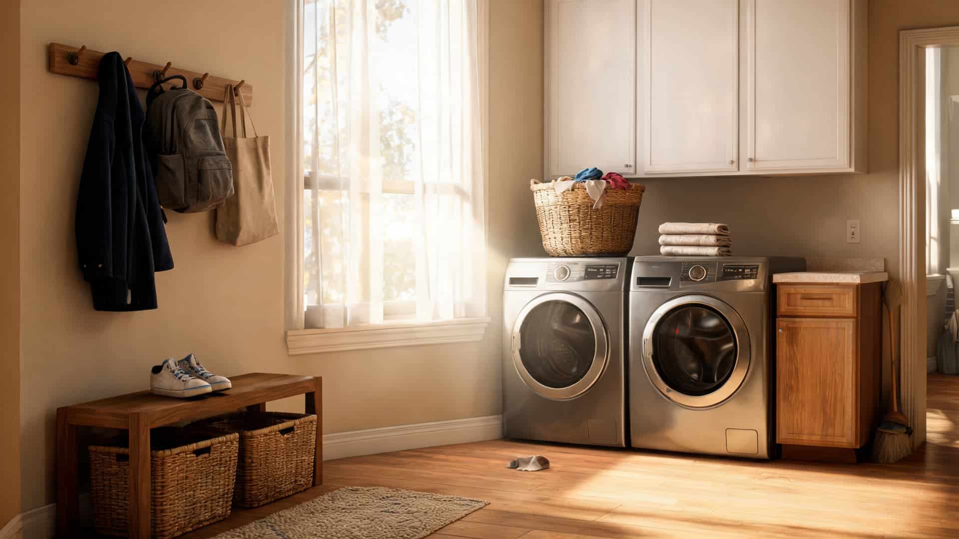 mudroom laundry room with washer, dryer, wall hooks, bench baskets, cabinets, and warm sunlight.