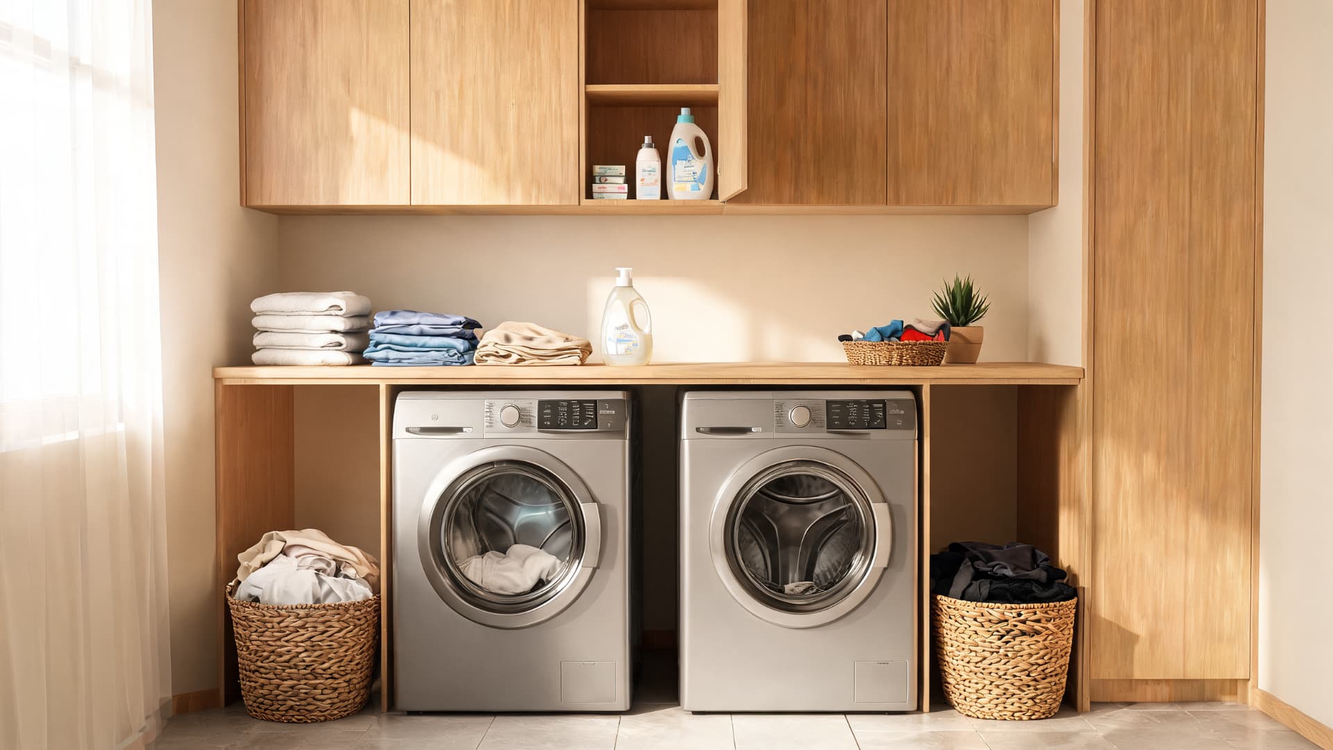 front-load laundry room with wood cabinets, folding counter, baskets, folded clothes, and soft sunlight.
